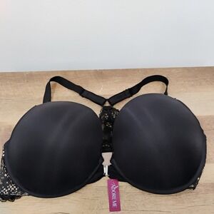 Adore Me Black Lace T Back Bra 44D Sexy Plunge Push‎ Up Underwire NEW